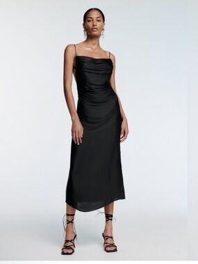 Zara Black Ruched Spaghetti-Strap Midi Dress